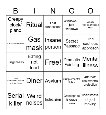 Horror movie Bingo Card