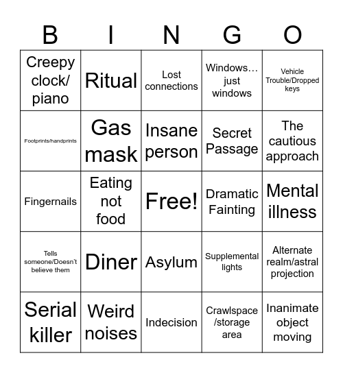 Horror movie Bingo Card