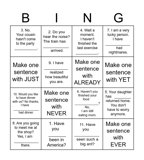 NEVER-EVER-ALREADY-YET-JUST Bingo Card
