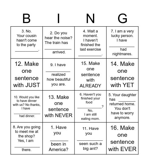 NEVER-EVER-ALREADY-YET-JUST Bingo Card