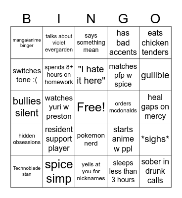 Rac_____hel Bingo Card