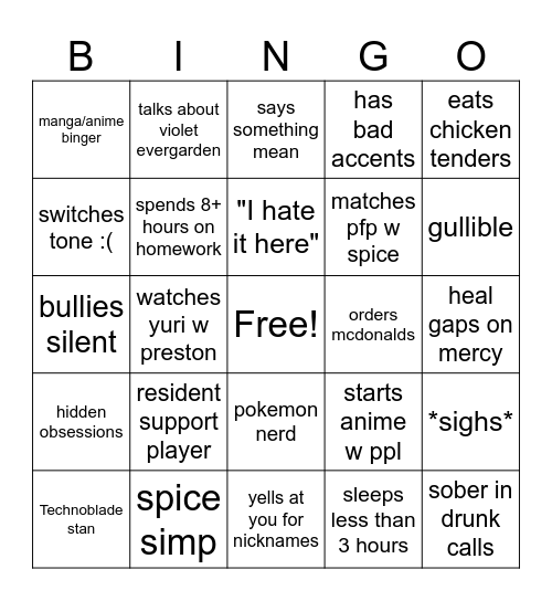 Rac_____hel Bingo Card