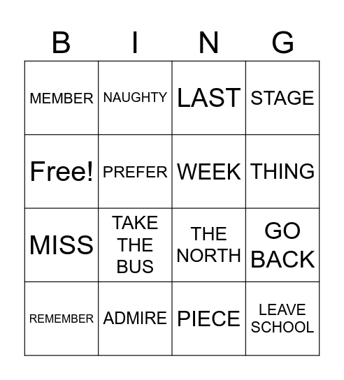 U1A Bingo Card