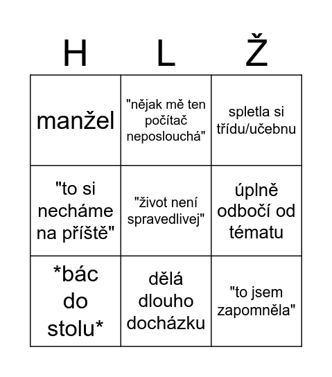 ALICEON HLOŽAPARTE BINGO LESSON ( pozor ma sklerozu) Bingo Card