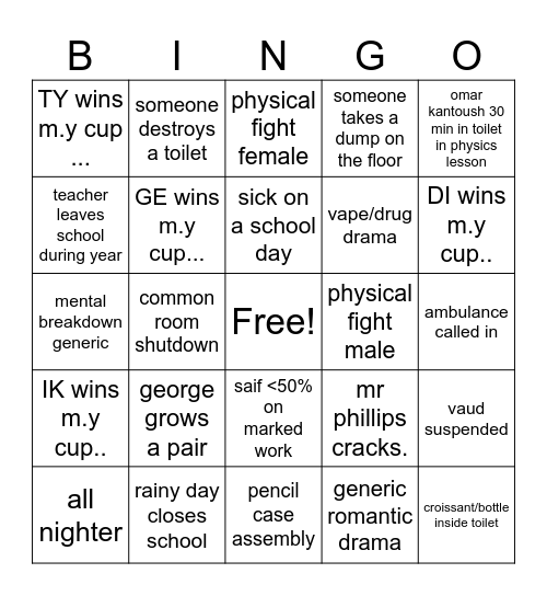 school bingo Card