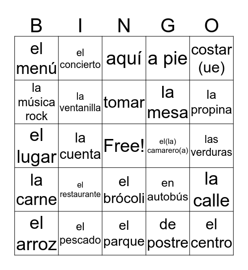 SP 1 U4.2 Vocabulario Bingo Card