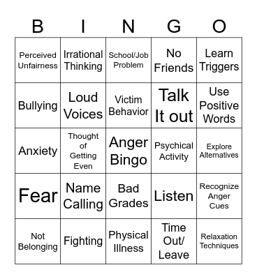 Anger Bingo for Teens Bingo Card