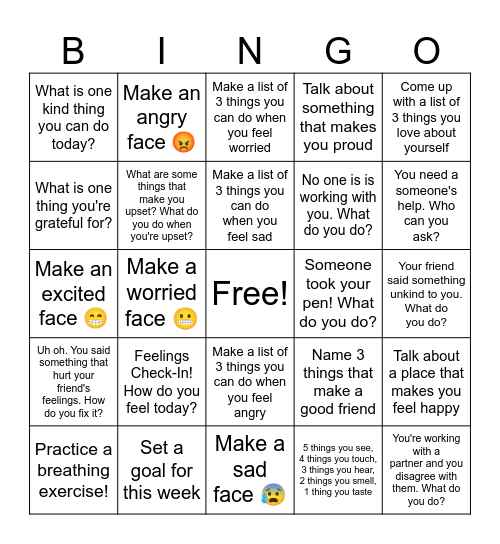 Social Emotional Bingo! Bingo Card