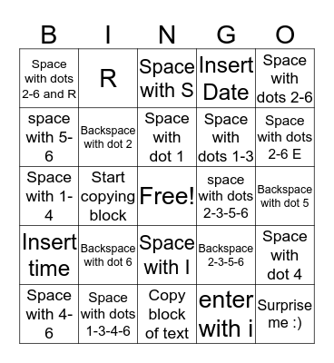 Braille Note Bingo Card