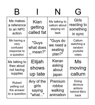 Japanese Class Bingo Card