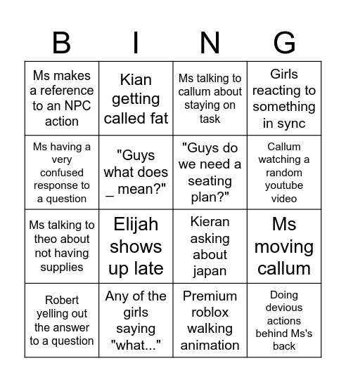 Japanese Class Bingo Card