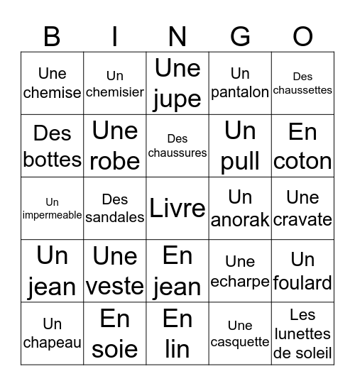 Chapitre 7 Bingoooooooooooooooooooooooooo Bingo Card