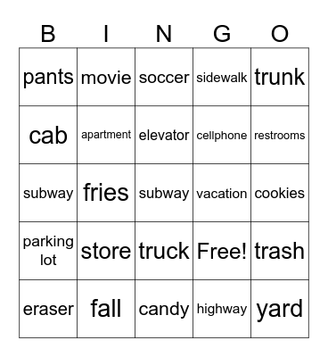 American English Bingo Card