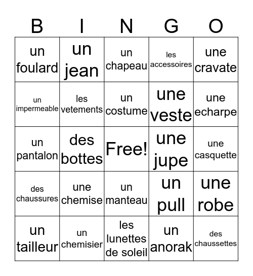 french Bingo Card