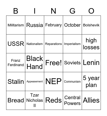 WWI & Russian Revolution Bingo Card
