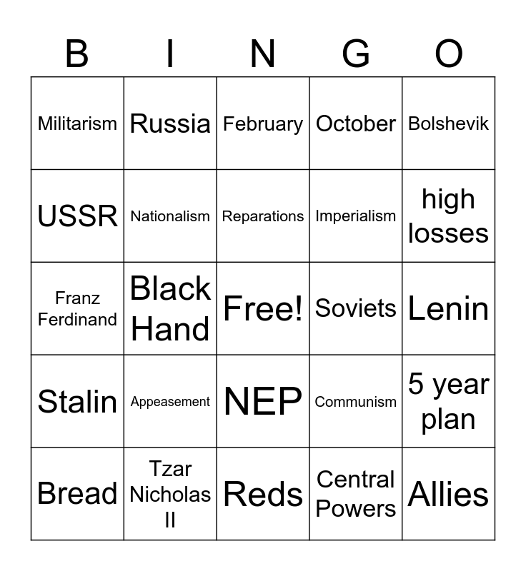 WWI & Russian Revolution Bingo Card