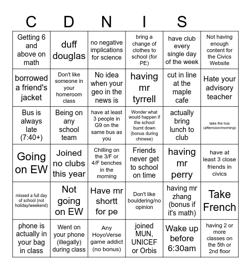 G9 Bingo!!!!!!! Bingo Card