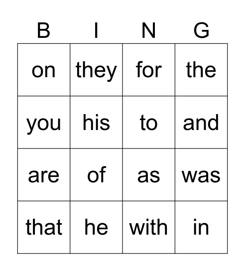 Most Common Words Bingo Card