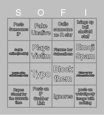 The Sofister/Sofia/Sofi Bingo Card