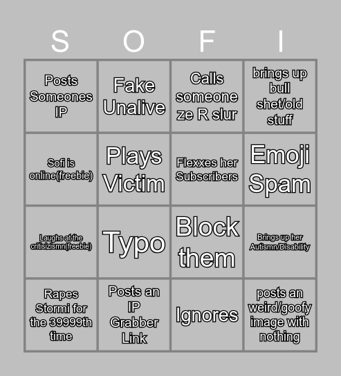 The Sofister/Sofia/Sofi Bingo Card