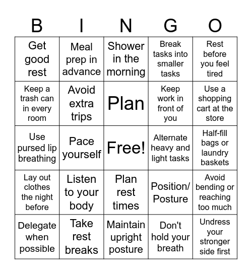 Energy Conservation Bingo Card