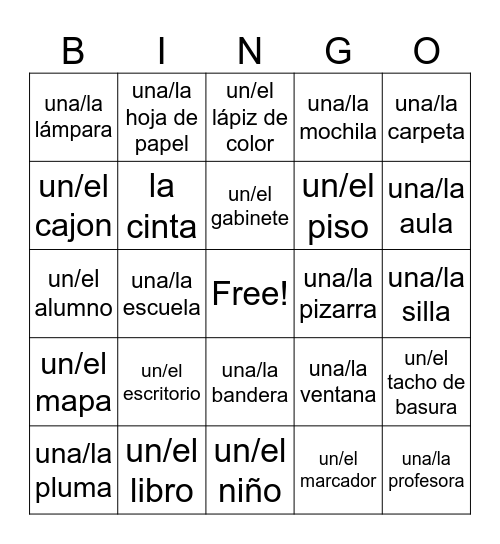 Classroom Objects Spanish 1 Bingo Card