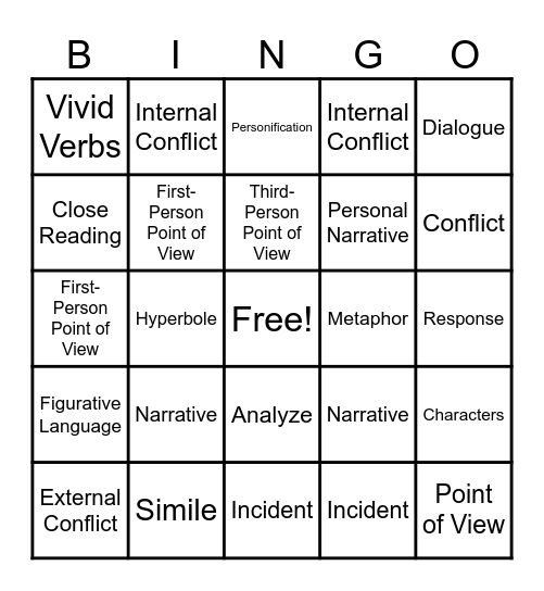 Unit 1 Vocabulary - Personal Narrative Bingo Card