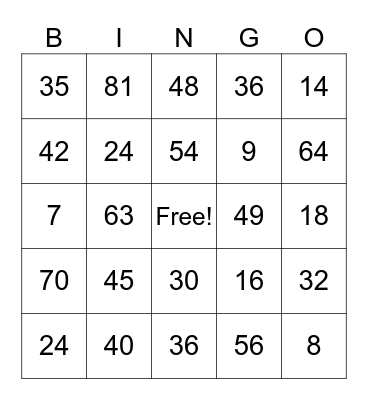 6's, 7's, 8's, and 96s Multiplication Facts Bingo Card