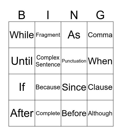 Complex Sentence Bing Bingo Card