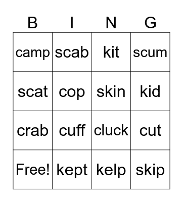 cat kite rule spelling words Bingo Card