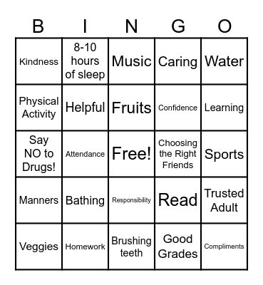 Healthy Choices RED RIBBON WEEK BINGO Card