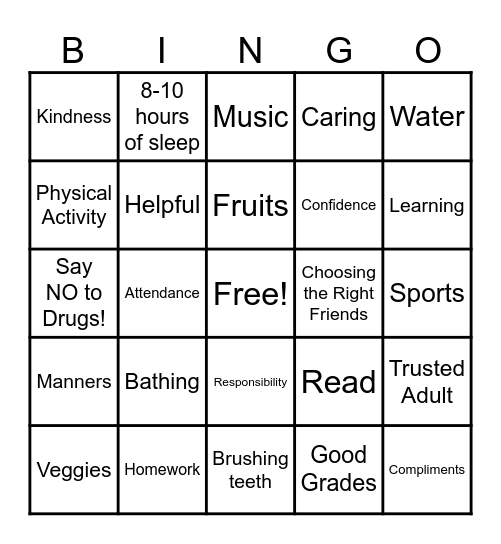 Healthy Choices RED RIBBON WEEK BINGO Card