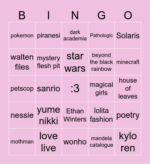 Psyche Interest Bingo Card