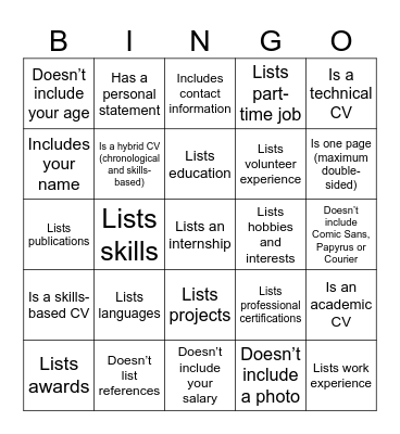CV Bingo Card