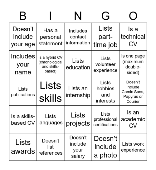 CV Bingo Card