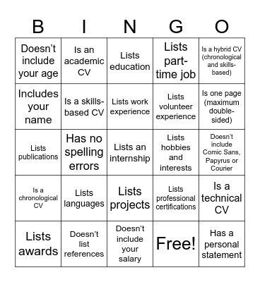 CV Bingo Card