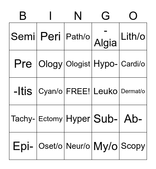 Medical Terminology Bingo Card