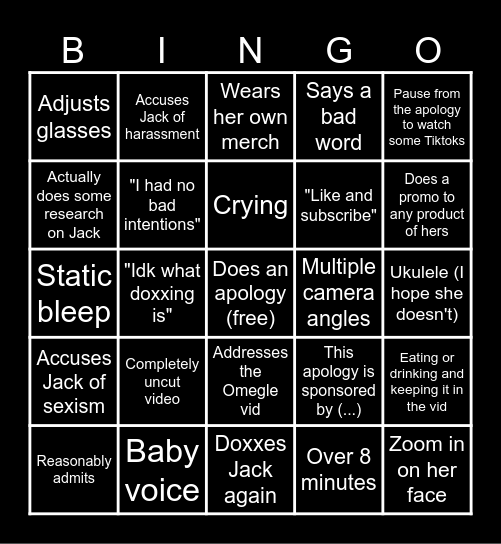 SSSniperWolf apology bingo Card