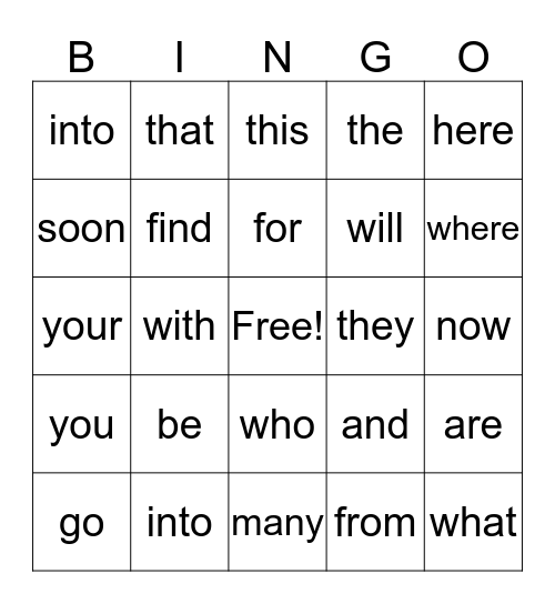 Sight Words Bingo Card