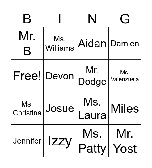 Class Bingo Card