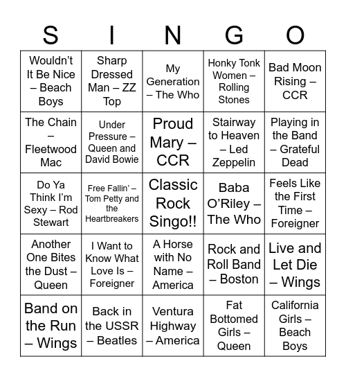 Classic Rock Singo! Bingo Card