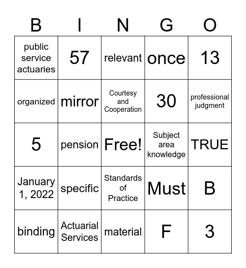 Actuarial Professionalism Bingo Card