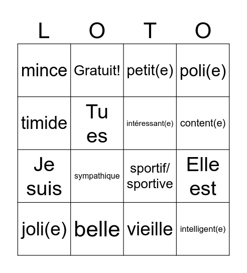 Les adjectifs - French 1 Bingo Card