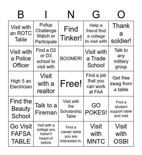 College and Career Fair Bingo! Bingo Card