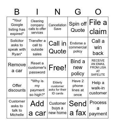 Inside Sales Bingo Card