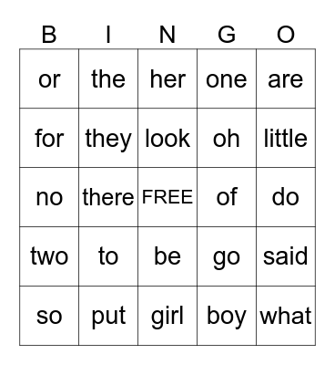 Sight Words 1 Bingo Card