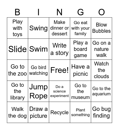 Screen Free Bingo Card
