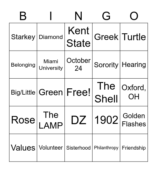 Delta Zeta Bingo Card