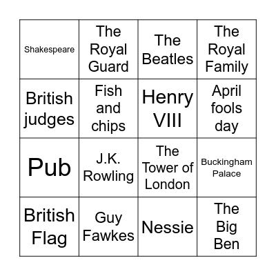 British culture Bingo Card