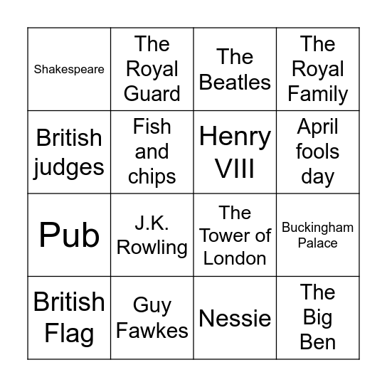 British culture Bingo Card